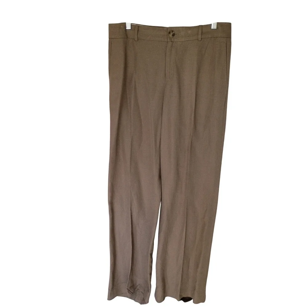 Taupe‎ Brown Linen Blend High Waisted Pleated Straight Leg Trousers Pants Sz 8